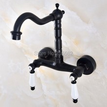 Black Oil Rubbed Bronze Wall Mounted Swivel Spout Bathroom Sink Faucet Double Handle Mixer Tap Wall Mounted  lnf824 2024 - buy cheap