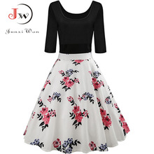 Black White Patchwork Elegant Dress Women  Autumn Winter 3/4 Sleeve Floral Hepburn 50s 60s Vintage Dresses Casual Sundress 2024 - buy cheap