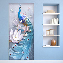 2 Pieces/Set Creative DIY 3D Wall Door Stickers Modern Creative Blue Peacock Wallpaper Living Room Study Home Design Door Decals 2024 - buy cheap