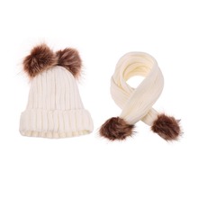 Conjunto gorro e cachecol para bebês meninas, gorro e pompom de malha em cor sólida com pompom e pompom felpudo 2024 - compre barato