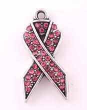 20pcs a lot Antique silver plated zinc studded with sparkling Crystals Pink Crystal Awareness Ribbon Pendants 2024 - buy cheap