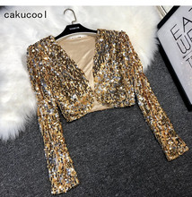 Cakucool-Chaqueta de manga larga con parche de lentejuelas para mujer, Top corto brillante dorado y plateado, Ropa de baile para fiesta coreana 2024 - compra barato