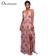 OKAYOASIS Floral Print Halter Chiffon Long Dress Women Backless 2017 Maxi Dresses Vestidos Sexy Split Beach Summer Dress 2024 - buy cheap