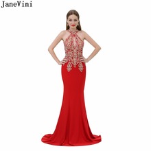 JaneVini Sexy Red Mermaid Long Bridesmaid Dresses Halter Gold Lace Appliques Beaded Sheer Back Arabic Satin Formal Party Gowns 2024 - buy cheap