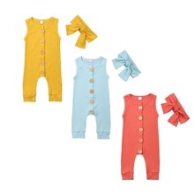 Хлопковый комбинезон с кнопками для новорожденных мальчиков и девочек повязка на голову, 2 предмета, летний детский костюм для малышей, комбинезон, пляжный костюм 2024 - купить недорого