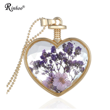 Colgante de cristal con flores secas reales para mujer, collar de oro, medallones de cadena, joyería, corazón, transparente 2024 - compra barato