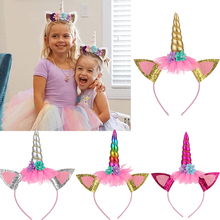 Tiara com orelhas de unicórnio para crianças, faixa de cabelo com glitter, arco-íris, chifre, acessórios para cabelo, festa de natal, presente de aniversário, diy 2024 - compre barato