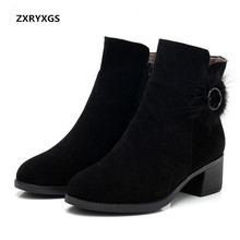 Hot 2022 New Fashion Winter Boots Shoes Woman matte cowhide High Heels Women Shoes snow boots Warm Comfort black Martin Boots 2024 - buy cheap