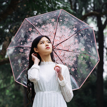 Женский прозрачный зонт-дождевик, зонтик из ПВХ с тройным сложением, в японском стиле, с цветком вишни 2024 - купить недорого