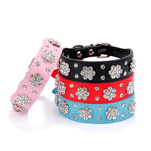 New Cute Bling Rhinestone Flowers Dog Collar Diamante Small Pet Cat Puppy PU Leather Collar Necklace Buckle 2024 - buy cheap