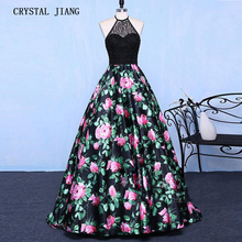 New Arrival 2019 Sexy Halter Crystal Beaded Prom Gown Custom made A Line Floral Printed Evening Prom Dresses Long 2024 - buy cheap