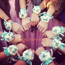 1pc 9Colors Bride Bridesmaids Ribbon Wrist Flower Hand Flower Wedding Supplies PE Form Ribbon Flower Tiffany Blue White 2024 - buy cheap