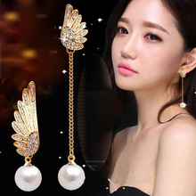 Brinco feminino estilo coreano asas de anjo pérola longo borla assimétrica cristal 2017 2024 - compre barato