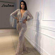 Deep V Neck Arabic Saudi Arabia Women Evening Dresses Long Sleeves Illusion With Tassel Beading Middle East Party Gowns 2018 New 2024 - buy cheap
