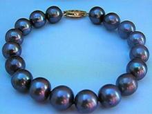 Envío Gratis> Joyería noble de agua dulce 9-10mm pulsera de perlas negras naturales 7,5 "-8" oro 14K 2024 - compra barato
