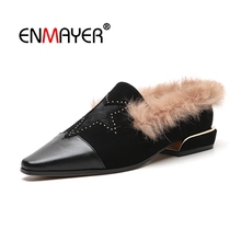 ENMAYER Women Flats Shoes Autumn Square Toe Slip-on Size 34-39 Causal Black Shoes for woman Flats Shoes Fuax fur Warm CR2026 2024 - buy cheap