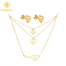 FINE4U N159 Luxury Multi-layer Love Heart Necklace Earrings Sets Stainless Steel Women Wedding Bridal Jewelry Set 2024 - buy cheap