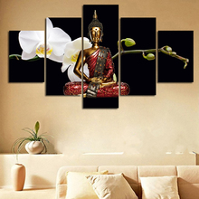 Cuadro de pintura en lienzo con marco de 5 paneles de imágenes impresas de arte mural estatua de Buda orquídea blanca moderna HD para decoración del hogar 2024 - compra barato
