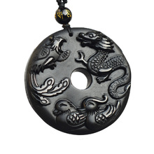 Obsidiana tallada a mano, colgante de amuleto de la suerte, dragón chino Phoenix BaGua, color negro Natural, joyería de moda 2024 - compra barato