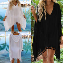 Summer Sexy Women Loose Hooded Bathing Suit Bikini Cover Up Swimwear Tassel Irregular V Neck Beach Dress 2024 - buy cheap