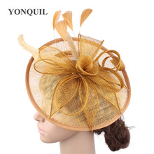 Gold Sinamay Hats Feather Flower Fascinators For Party Hats Bridal Hair Accessories Wedding Cocktail Hats High Quality SYF205 2024 - buy cheap