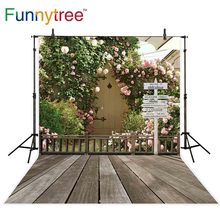 Фон для фотосъемки Funnytree с листьями, розовыми цветами, деревянным знаком, наружный забор, Фотофон для путешествий, свадьбы, фото обои 2024 - купить недорого