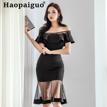 Plus Size mesh Patchwork Black Dress Summer 2019 Slash Neck Trumpet Sexy Club Dress for Women Solid Evening Party Dress Women 2024 - buy cheap