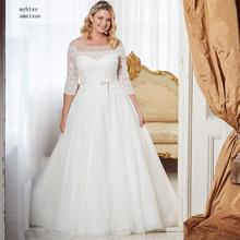 2020 New Tulle Scoop Floor-length Zipper A-line Cheap Wedding Dress Elegant Three Quater Sleeves Lace Wedding Dress Plus Size 2024 - buy cheap