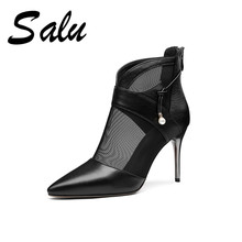 Salu Hot Sale Genuine Leather Boots New Summer Ankle Boots for Women Boots Black Boots High Heels Sexy Pointed Toe Shoes Woman 2024 - buy cheap