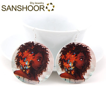 SANSHOOR Vintage Flower Black Girl Cruly Hair Wood Drop Earrings AFRO Ethnic Halloween Jewelry For Women Christmas Gifts 1Pair 2024 - buy cheap