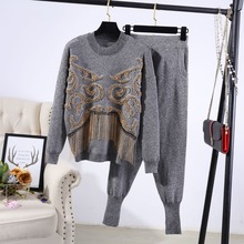 2018 Autumn Womans Sweater + Pant  Sets Solid Color Female Embroidery Casual Two-Pieces Suits Tassel Sweater Pant Suits Winter 2024 - buy cheap