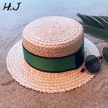 100% Natural Wheat Straw Women Beach Sun hat With Flat Pork Pie Lady Fashion Boater Sunhat 2024 - buy cheap