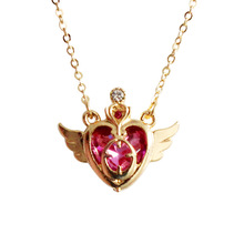 Cute Sailor Moon Heart With Angel Wings Pendant Necklace Colorful Pink Crystal Crown Choker Necklace For Sweety Girls Jewelry 2024 - buy cheap