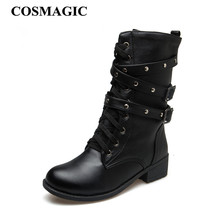 COSMAGIC-Botas de motocicleta con remaches para mujer, calzado con hebilla, estilo británico, gótico, Punk, tacón medio, color negro, novedad de 2021 2024 - compra barato