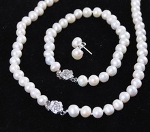 7-8 мм белый Пресноводный Культивированный жемчуг браслет ожерелье серьги набор 2024 - купить недорого