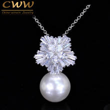CWWZircons Brand Fashion Silver Color Elegant Women Big White Pearl Pendant Necklace With Cubic Zirconia Jewelry CP050 2024 - buy cheap