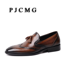 PJCMG-zapatos de negocios sin cordones para hombre, calzado Formal con punta en pico, color negro/marrón, de cuero genuino, para boda y oficina, con borla, novedad 2024 - compra barato