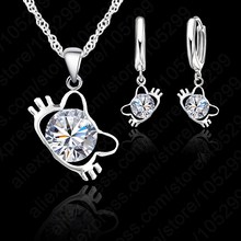 Precioso gatito mujer chica conjunto de joyas de circón, plateado palanca sólida de plata 925 lazo trasero pendiente colgante collar 2024 - compra barato