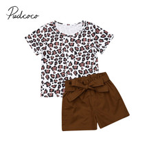 2019 Baby Summer Clothing Toddler Kids Baby Girl Infant Clothes Leopard T-shirt Tops +Bow Belt Brown Shorts 2Pcs Outfit Sets 2024 - buy cheap