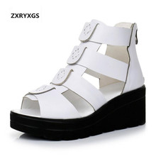 2021 New Summer Fish Mouth Thick Bottom Wedge Sandals Women Genuine Leather Shoes Hollow Fashion Casual Sandals Women Sandals 2024 - buy cheap