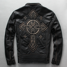 2018 men's vintage slim fit real leather jacket men motorcycle jacket with Cross Punk genuine leather biker jacket male black 2024 - buy cheap