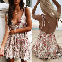 Women Summer Off Shoulder Backless Printed Dress Beach Short Sundress 2024 - buy cheap