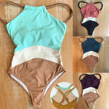 Maiô monokini feminino de uma peça, com bojo, cores de patchwork, roupa de banho, moda praia 2024 - compre barato