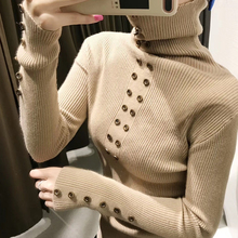 Jersey Top acrílico Casual completo 2018 nuevo suéter de mujer de Color sólido Botón de cuello alto de punto de invierno 2024 - compra barato