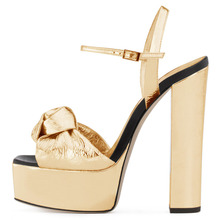 Sandalias de tacón grueso con punta abierta y lazo para mujer, zapatos de vestir formales, color dorado, envío gratis 2024 - compra barato