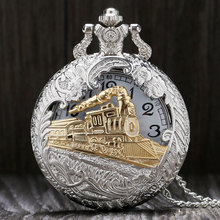 Reloj de bolsillo con diseño de locomotora dorada y plateada, reloj de bolsillo con cadena, regalo para mujer 2024 - compra barato