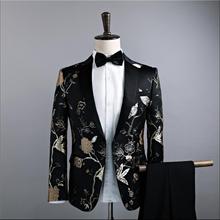 New Men Wedding Suit Printed Floral Black Stage Costumes Bar Nightclub For Singer Stage Slim Performance Party Prom Costume 2024 - buy cheap