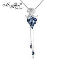 Colar longo com pingentes de flor de zircônia indústria feminina, colar prateado cor azul de cristal joia maxi 2024 - compre barato