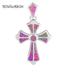 ROLILASON women cross design Pink Fire Opal Silver Stamped charm Pendant Health Fashion jewelry OPs698 2024 - buy cheap
