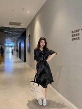 2019 New Korean Version Of Spring Slim Stripes Turn-down Collar A-line Dress Fashion Temperament Office Lady Chiffon Dress 2024 - buy cheap